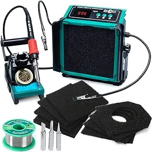 YIHUA 948DQ-III 2-IN-1 Solder Fume Extractor Fan 110W Soldering Station Kit Smoke Absorber Tiltable Angle Temp Display w Helping Hands Iron Holder Extra 3 Iron Tips 8 Filters 35g Lead-Free Solder Wire