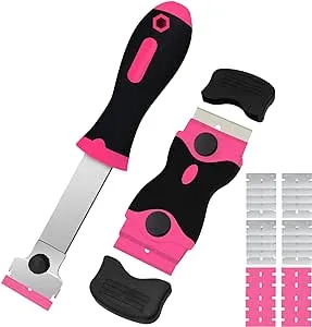 DEKEones Razor Blade Scraper, 2 PCS Razor Scraper Tool for Removing Label, Registration Sticker, Tint, Grease from Windshield, Appliance, Glass（Pink）