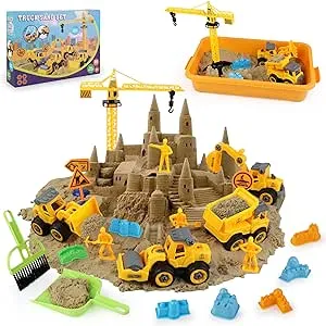 WICOTOO Sand Construction Kit,Sandbox,2.2lbs Magic Sand W/4 Take Apart Construction Trucks,Tower Crane,8 Sand Molds,4 Worker Figures,4 Road Signs