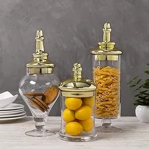 MyGift 3 Piece Set Antique Clear Glass Bathroom Apothecary Jars with Lid, Wedding Centerpiece, Kitchen Storage Jars with Metallic Brass-Tone Lids