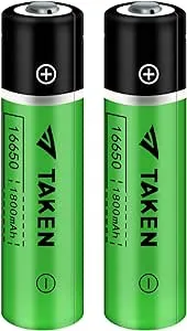 Taken 16650 Rechargeable Battery, 16650 Battery 1800mAh 3.7V Li-ion Rechargeable Battery with Button Top for Flashlights Torches - 2 Pack