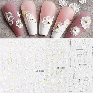 5D Embossed Flower Nail Art Stickers, 6 Sheets Self-Adhesive Nail Sticker Decals,Luxury Hollow Exquisite Pattern Spring Daisy Leaf Butterfly Lace Carving Design for Salon Home Acrylic Nail Decoration