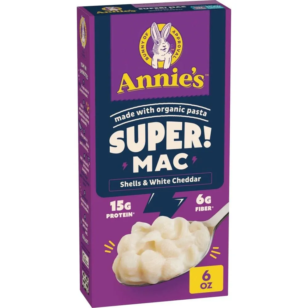 Annie's Super! Mac, Protein Macaroni and Cheese Dinner, Shells & White Cheddar, 6 oz. (Pack of 12)