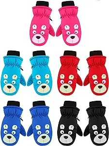 SATINIOR 5 Pairs Winter Kids Snow Mittens Waterproof Warm Ski Gloves Unisex Gloves for Cold Weather Children