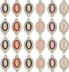 60pcs Mix Color Virgin Mary Link Miraculous Medal Enamel Alloy Rhinestones Our Lady Crucifix Connection for Jewelry Making