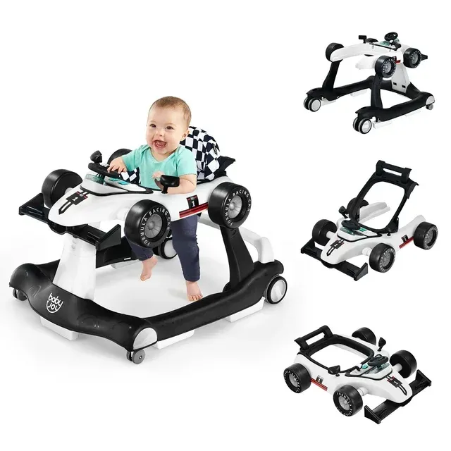 White 4-in-1 Baby Walker Foldable Activity Push Walker Adjustable Height Safety