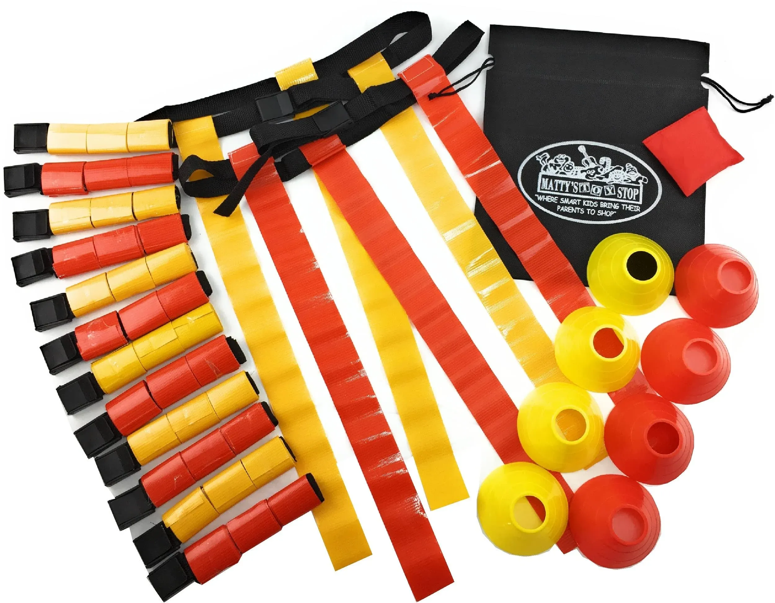 Matty's Toy Stop Deluxe 14-Man Flag Football Set with 7 Yellow Tear Away Belts, 7 Red Tear Away Belts, 4 Yellow Cones, 4 Red Cones, 1 Red Beanbag Flag & Storage Bag - Complete Set