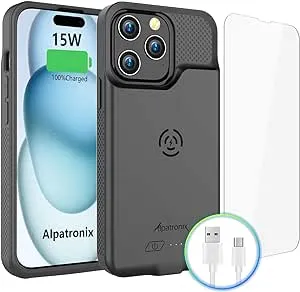 Alpatronix Battery Case for iPhone 15 Pro Max &15 Plus, Portable Strong Slim Protective Extended Case Charger Cover, 15W Fast Charging, High Capacity with Wireless Charging (BX15Pro Max)-Black