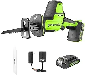 Greenworks 24V Brushless Cordless Reciprocating Saw,1" Compact One-Handed Recip Saw(3,000 SPM),Variable Speed, 2.0Ah Battery and Compact Charger Included,‎ RSG404