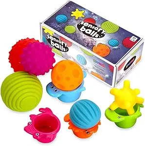 Lemostaar 6pc Sensory Balls for Baby - Textured Multi Ball Set for Babies & Toddlers, Squeezy Tactile Sensory Toys with Stacking Cup, Montessori Infant Baby Toys