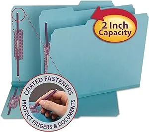 Smead Pressboard Fastener File Folder with SafeSHIELD Fasteners, 2 Fasteners, 1/3-Cut Tab, 2" Expansion, Letter Size, Blue, 25 per Box (14937)