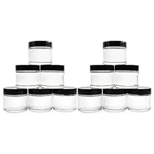 2oz Straight Sided Clear Glass Jars 12 Pack, Airtight Glass Jar with Black Plast