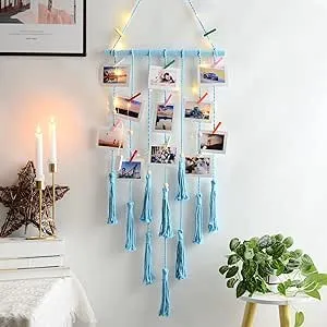 styleonme Frames & Holders Collage Photo Board Light with 30 Clip, Macrame Wall Hanging Boho Bedroom Decor, Teenage Teen Girl Gifts, Birthday Gifts for Grandma, Mom, Women（Blue）