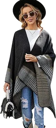 LittleMax Womens Ponchos and Wraps,Juniors Knit Open Front Boho Buffalo Cardigan Oversized Plaid Shawl Cape Sweater