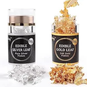 Cobakey 24K Edible Gold and Silver Leaf Flakes for Food Decoration (Cake, Chocolate, Steak, Drink & Cooking) and Spa, 50mg Edible Gold Leaf and 50mg Edible Silver Leaf with Edible Glitter & Tweezers