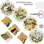 Bonroy 4 Sets Embroidery Kit for Beginners Art Craft Handy Sewing Include Embroidery Clothes with Pattern, Hoops, Instructions,Color Threads Needle