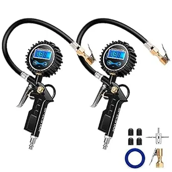 SPECSTAR 2 Pack Digital Tire Inflator with Pressure Gauge, Night Available 250 PSI Air Chuck and Compressor Accessories with Rubber Hose and Quick Connect Attachment for 0.1 Display Resolution