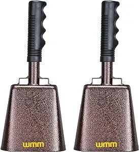 10 Inch Steel Cowbell with Handle Cheering Bell for Sports Events Large Solid School Bells & Chimes Percussion Musical Instruments Call Bell Alarm(Copper，2 Pack)