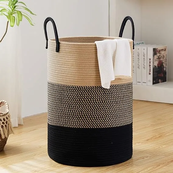 Fiona's magic 58L Large Woven Laundry Hamper, Tall Cotton Rope Laundry Basket, Boho Storage Basket for Blankets, Toys and Clothes Hamper for Bedroom and Living Room Organizing, Brown & Black