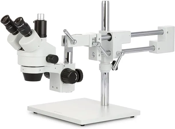 7X-45X Simul-Focal Stereo Zoom Microscope On Dual Arm Boom Stand AmScope