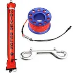 4ft Scuba Diving Open Bottom Surface Marker Buoy (SMB) with 49ft Finger Spool Alloy Dive Reel and Double Ended Bolt Clip