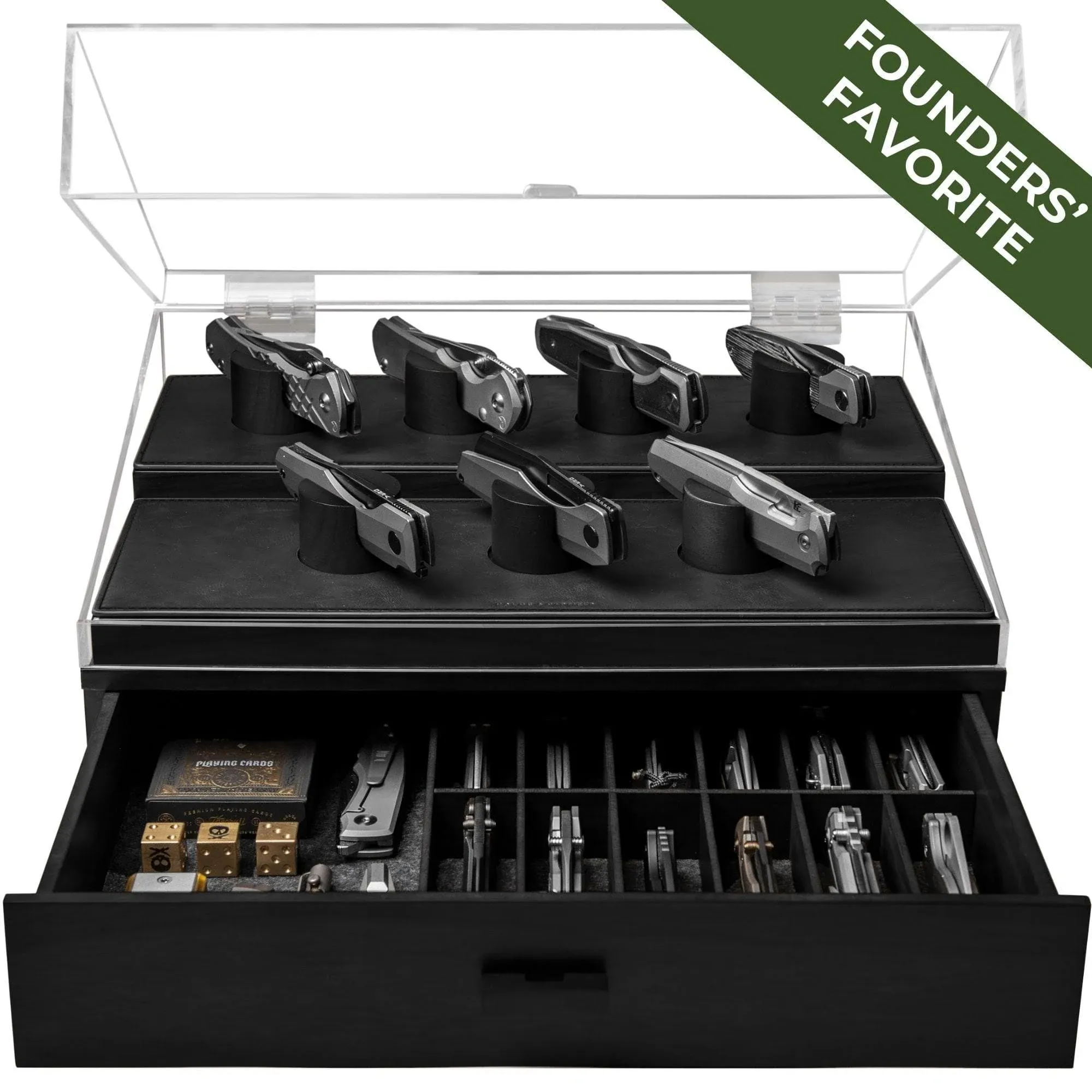 Display Your Knife Collection with The Armory Pro – Premium Pocket Knife Display Case for 20-30 Knives for Men – Easy Access & Huge Drawer – Wooden Pocket Knife Holder