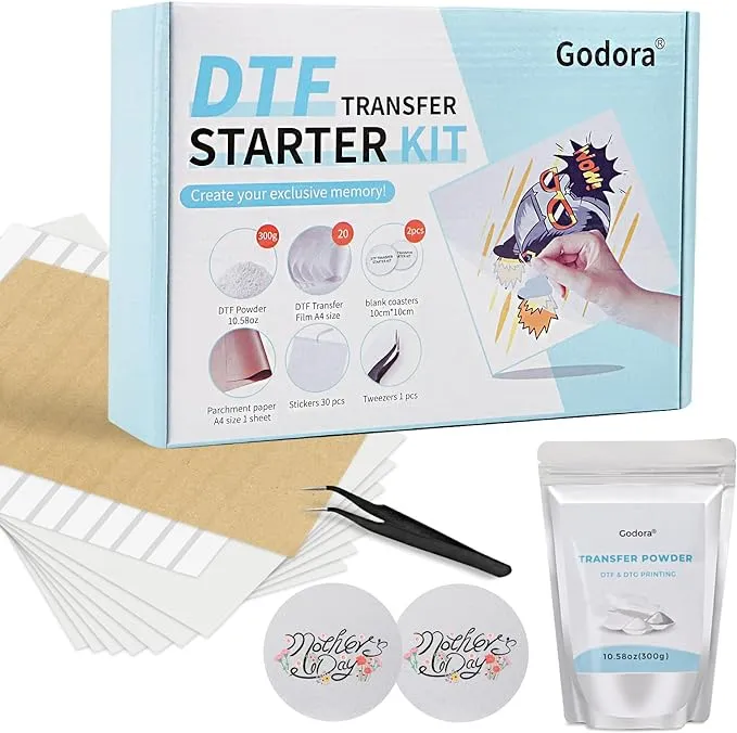 Godora Upgrade DTF Transfer Powder Film Kit, All-in-1 DTF Starter Kit - 10.58oz White Digital Hot Melt Adhesive & 20 Sheets DTF PET Film, for DTF Sublimation Printer