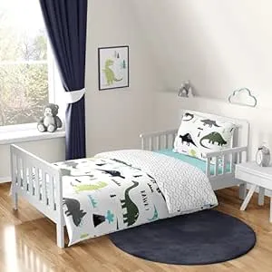 Navy Blue and Green Modern Dinosaur Boys or Girls 5 Piece Toddler Bedding Comforter Sheet Set