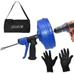 Drainx Spinfeed 35 Foot Snake Drum Auger | Drill Power or Manual Use ,Work Gloves and Storage Bag Included( Blue)