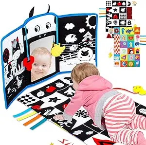 teytoy Tummy Time Mirror Infant Toys Newborn Toys 0-3 Months Black and White High Contrast Pattern, Tummy Time Mat with Crinkle Paper, Baby Teether for 4 6 9 12 Month Crinkle Sensory Development Toys