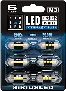 SIR IUS LED N3 DE3021 DE3022 LED bulbs Pure white Super Bright LED Festoon 300 Lumens 3030 Chipset for Car Truck Interiors Dome Map Door Courtesy Lights 1.1” 28MM Festoon Pack of 6 Bulbs