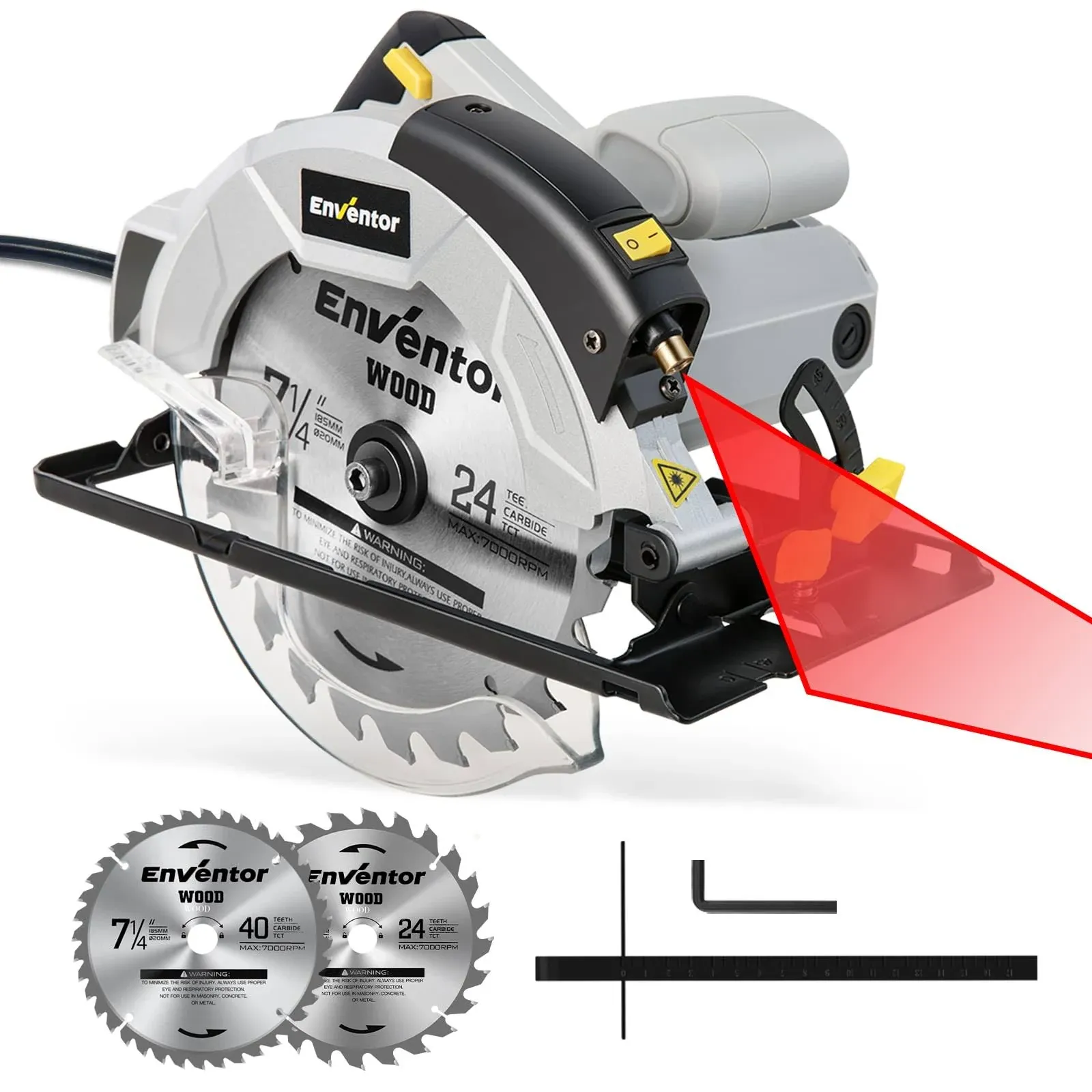 Enventor 7-1/4-Inch Circular Saw, 10A Pure Copper Motor Electric Circular Saws with Laser Guide, 2 Blade Saws (40T/24T), Max Cutting Depth 2-7/16"(90°), 1-13/16"(0°-45°), Single Handed Bevel, 5800RPM