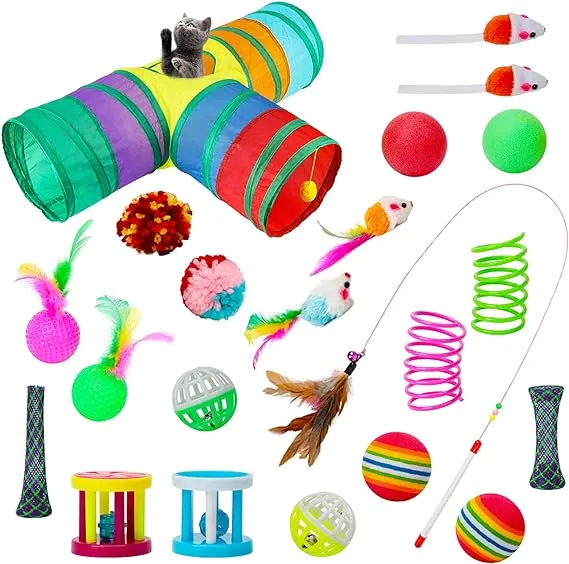 BWOGUE 22PCS Cat Toys Kitten Toys Set,Collapsible 3 Way Cat Tunnels for Indoor Cats,Interactive Cat Feather Toy Fluffy Mouse Tumbler Crinkle Balls Bells Spring Toys Set for Cat Kitty Puppy Rabbit