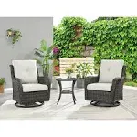 Pocassy 3-Piece Outdoor Swivel Bistro Set, Wicker Rocking Chairs - Grey/Beige