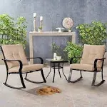 Oakmont Outdoor Furniture 3 Piece Bistro Set Rocking Chairs and Glass Top Table, Thick Cushions, Black Steel