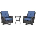 Pocassy 3-Piece Outdoor Swivel Bistro Set, Wicker Rocking Chairs - Light Grey/Baby Blue