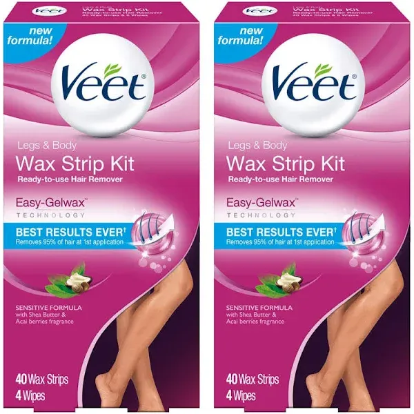 2 PACK Veet Ready To Use Wax Strip Kit Hair Remover Legs & Body 40 Strips