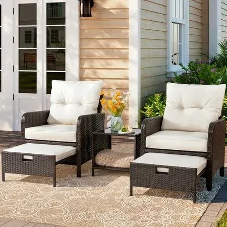 5 Piece Outdoor PE Wicker Patio Furniture Set with Ottoman