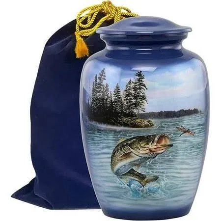 Bass Fishing Urn - Bass Fish Cremation Urn for Ashes - Adult Fishing Urn - Handcrafted Adult Bass Fish Funeral Urn - Fishing Memorial Urn with Velvet Bag (Large), Blue (BU-L)