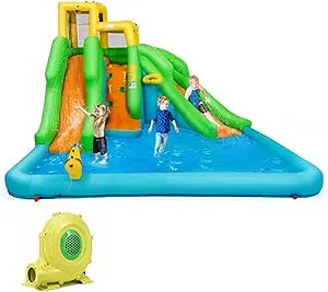 BOUNTECH Toboggan aquatique géant 6 en 1 pour s'amuser en plein air avec mur d'escalade, piscine, canon à eau, toboggans gonflables pour enfants dans le jardin (sans souffleur)