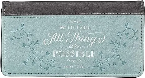 Christian Art Gifts Checkbook Cover for Women and Men - All Things Are Possible Christian Blue Wallet Faux Leather Christian Checkbook Cover for Duplicate Checks Credit Cards & Pen Loop - Mathew 19:26