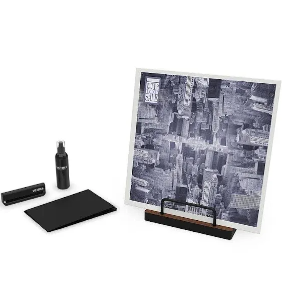 Victrola 'The Kit' - A Vinyl Record Cleaning Kit, Doubles as a Record Stand, Includes Anti-Static Brush, Cleaning Solution, Cloth, Espresso Wood Finish Stand with Smart Black Metal Accents