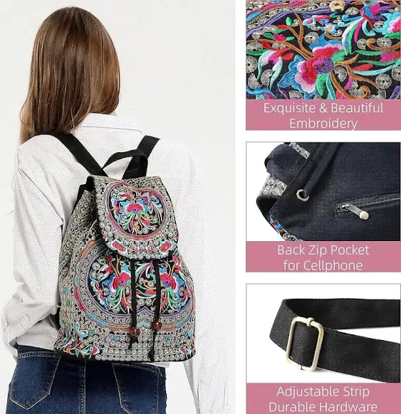 Vintage Embroidered Women Backpack Ethnic Travel Handbag Shoulder Bag