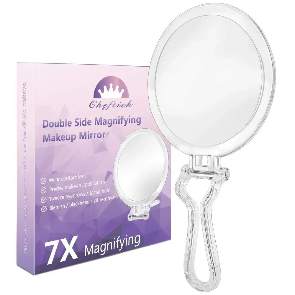 Double Sided Hand Held Mirror - 1X & 7X Magnifying Handheld Makeup Mirror with Adjustable Folding Handle, Portable, Transparent & Round (6")