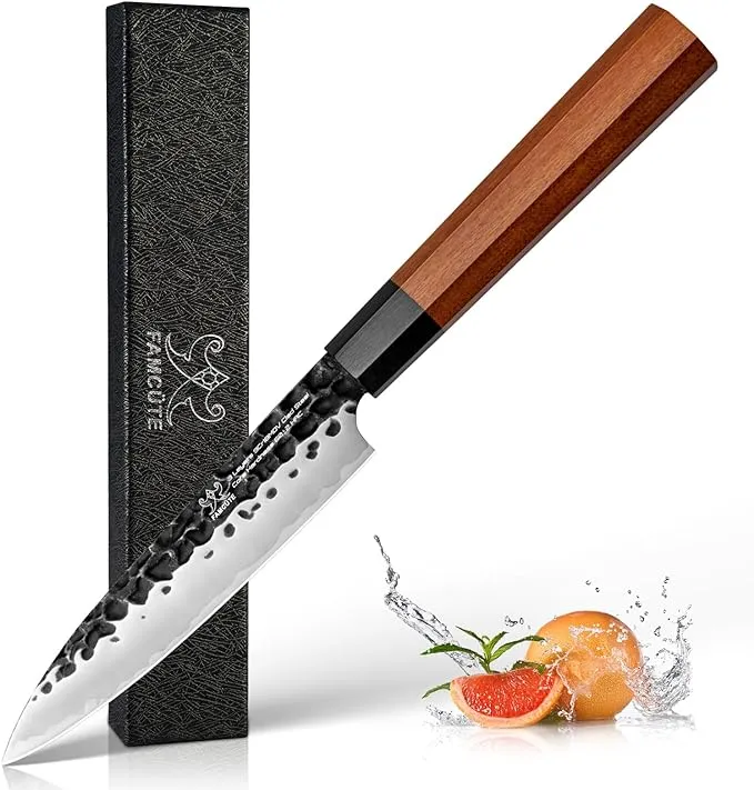 5 inch Japanese Paring Knife, Hand Forged High Carbon 3 Layer 9CR18MOV Clad Steel Japanese Petty Knife, Anti-slip Rosewood Handle Utility Fruit Knife, Christmas gift for men/women