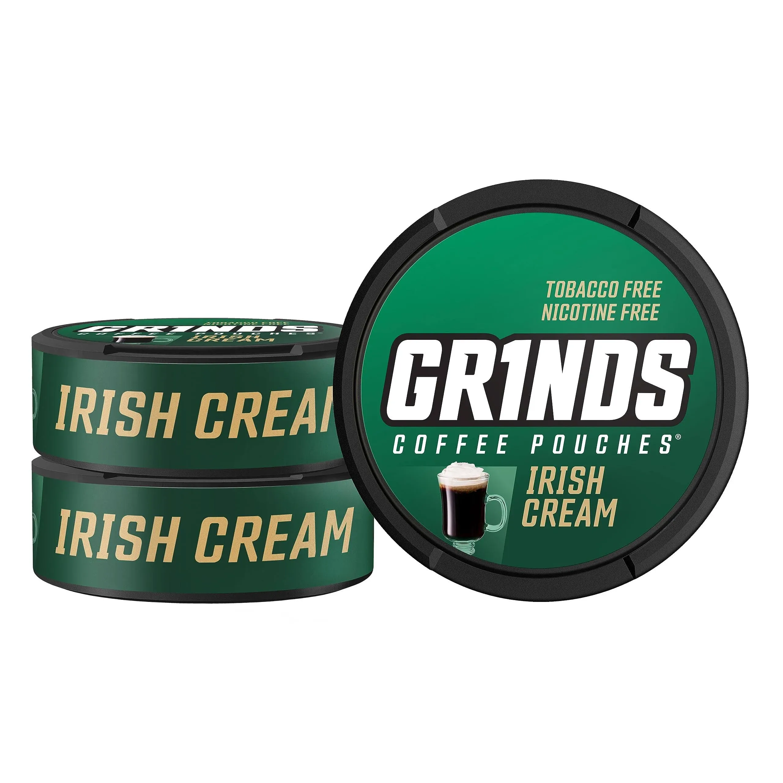 Grinds Coffee Pouches | 3 Cans of Irish Cream | Tobacco Free, Nicotine Free Healthy Alternative | 18 Pouches per Can | 1 Pouch Eq. 1/4 Cup of Coffee