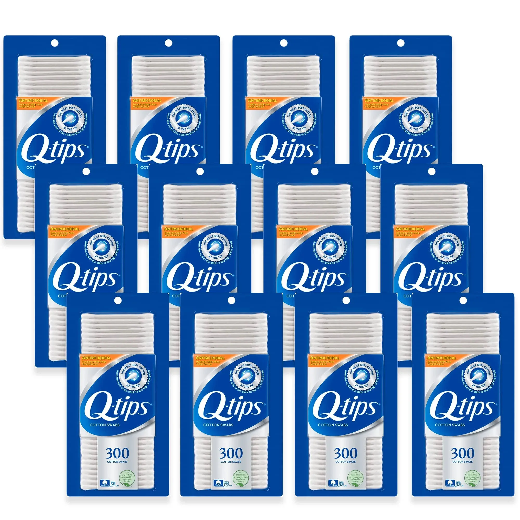 Q-tips Antimicrobial Swabs for Cleaning Are Made with 100 Percent Cotton, 300 Count, Pack of 12