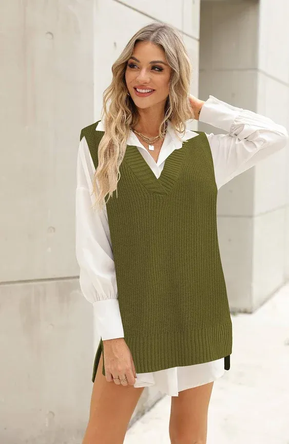 Viottiset Women's Oversized V Neck Knit Sweater Vest