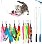 JIARON Feather Teaser Cat Toy, 2pcs Retractable Cat Wand Toys and 10pcs Replacement Teaser with Bell Refills, Interactive Catcher Teaser and Funny