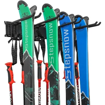 Ski Wall Rack, Holds 4 Pairs of Skis & Skiing Poles or Snowboard, for Home and Garage Storage, Wall Mounted, Heavy Duty, Adjustable Rubber-Coated Hooks